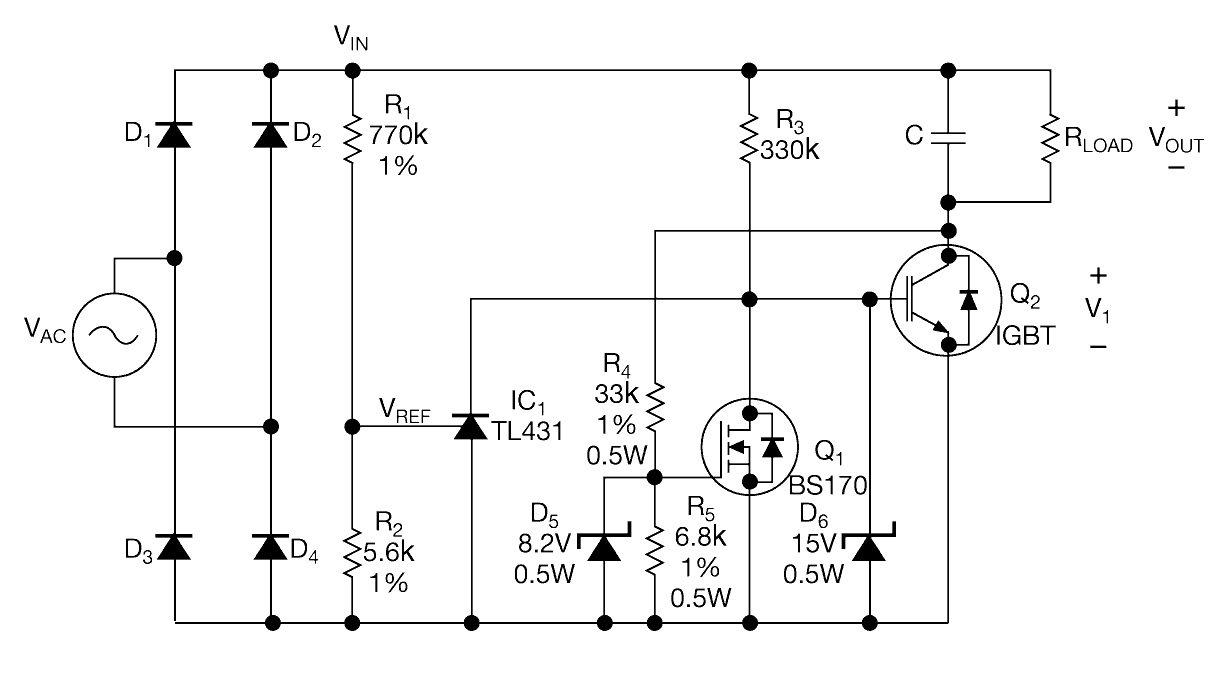 Схема, що дозволяє обмежувати викиди струму при включенні, показана на рисунку 1