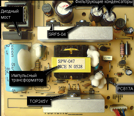 У TOP245Y є ШІМ - контролер і потужний польовий транзистор, який переключається з великою частотою від десятків до сотень кілогерц