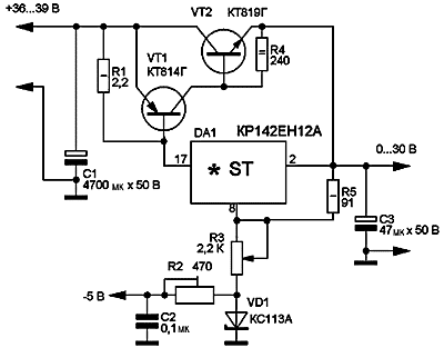 В авторському варіанті DA1 встановлена ​​на окремому невеликому радіаторі, який гальванічно не пов'язаний з радіатором і транзистором VT2