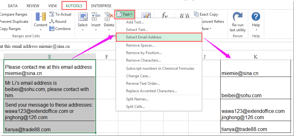 Kutools for Excel Автора Витягти адреса електронної пошти може допомогти вам швидко і зручно отримувати адреси електронної пошти з текстових рядків