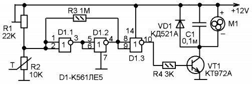 Зазвичай для управління вентилятором охолодження застосовують схему термостата або на спеціалізованій мікросхемі, але частіше за все на компараторе або операційному підсилювачі, включеним по схемі компаратора