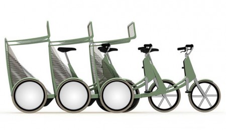 Для зручності зберігання і економії місця на паркувальному майданчику чудові велосипеди, що нагадують китайські транспортні засоби велорикш, виконані таким чином, що можуть частково вміститися один в одного
