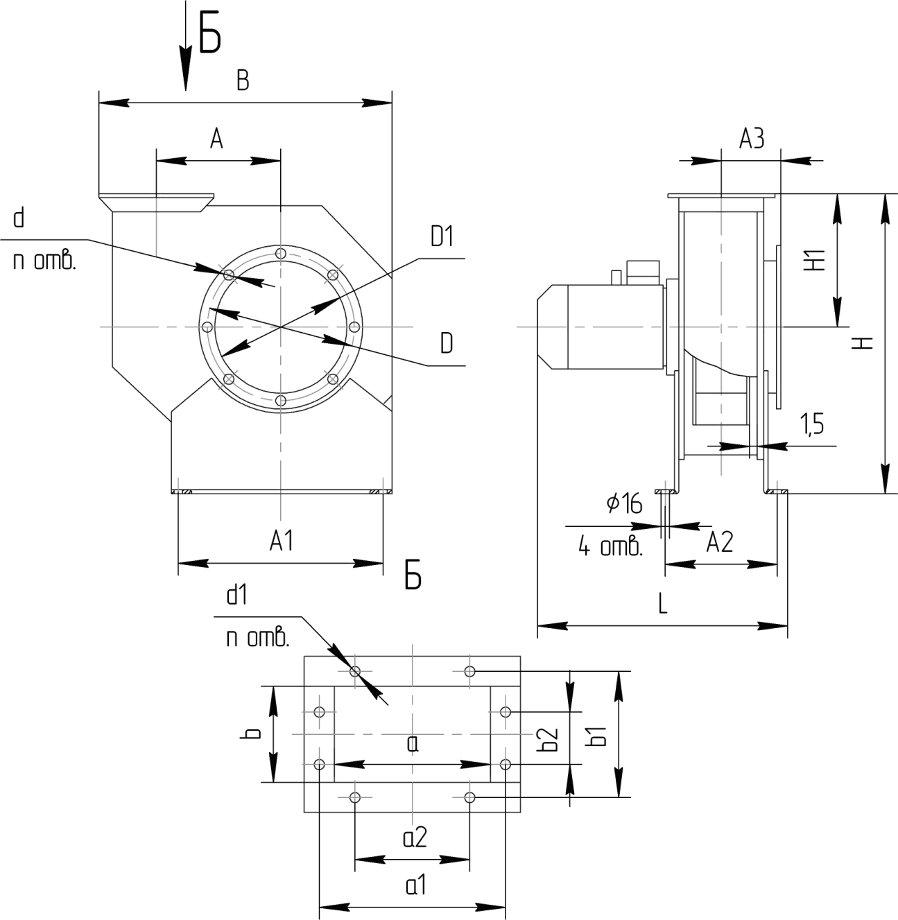 Габаритні і приєднувальні розміри вентиляторів ВЦ 10-28 (ВР 194-30)